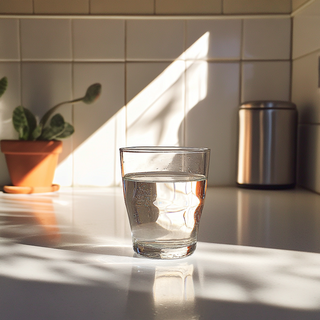 Un verre d'eau sur un comptoir | Source : Midjourney