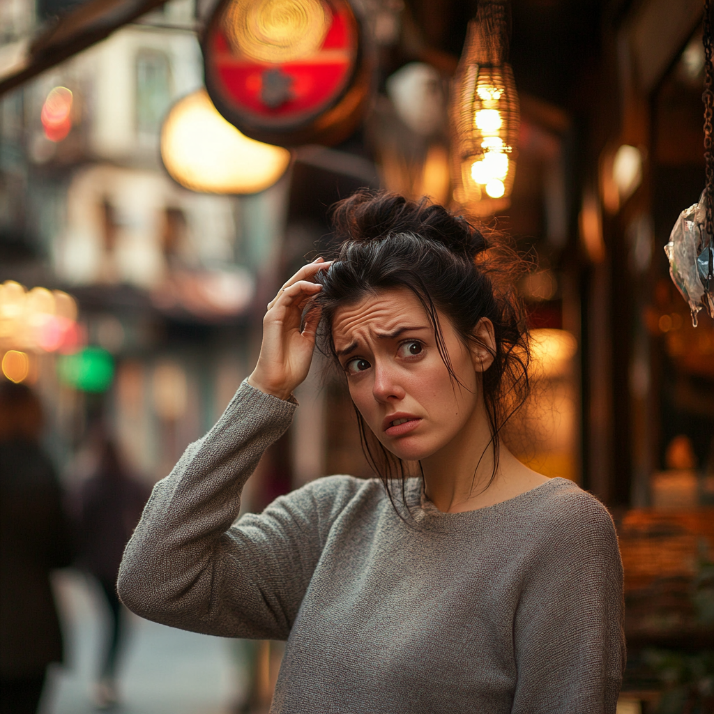 A distressed woman standing on a sidewalk | Source: Midjourney