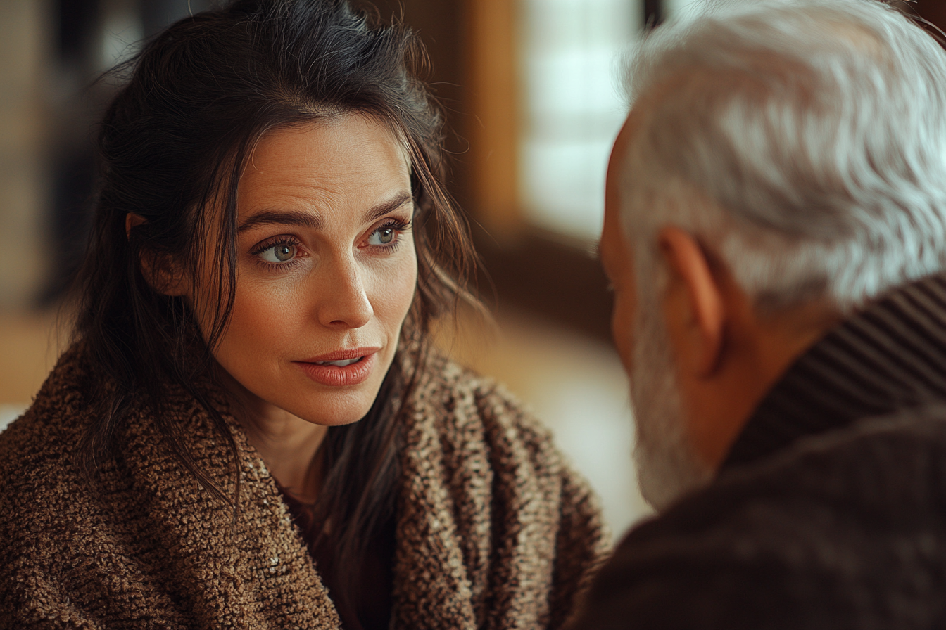 Woman with slightly shocked expression talking to a senior man | Source: Midjourney