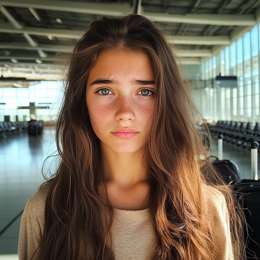 An upset girl at an airport | Source: Midjourney