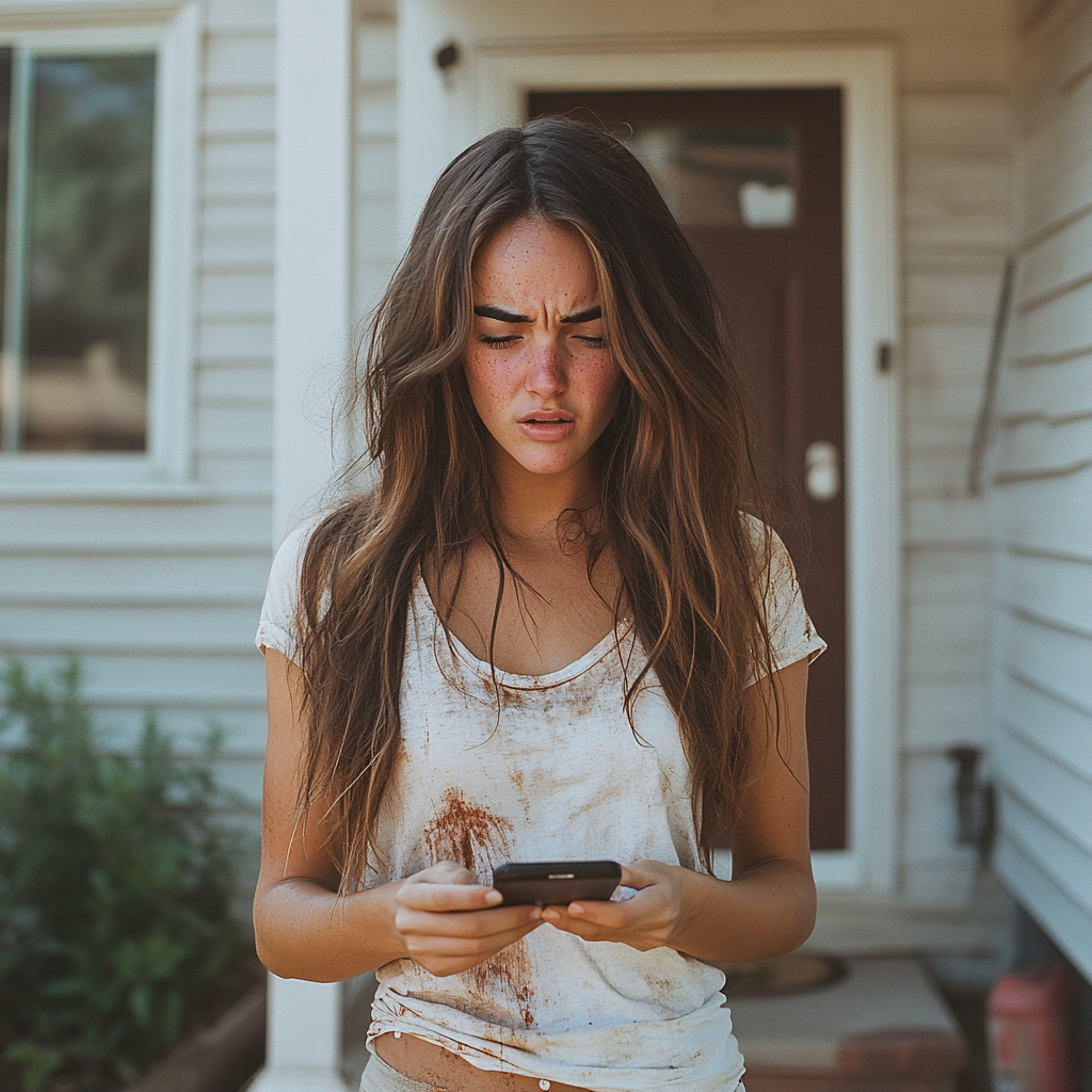 An upset woman looking at a phone | Source: Midjourney