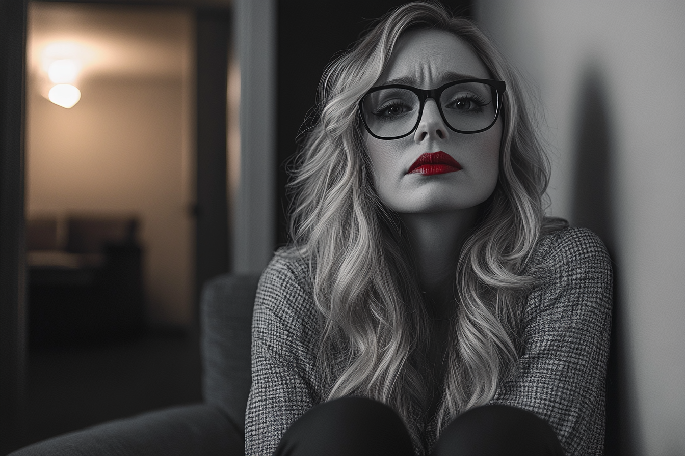 A woman curled up on a couch, looking sad | Source: Midjourney