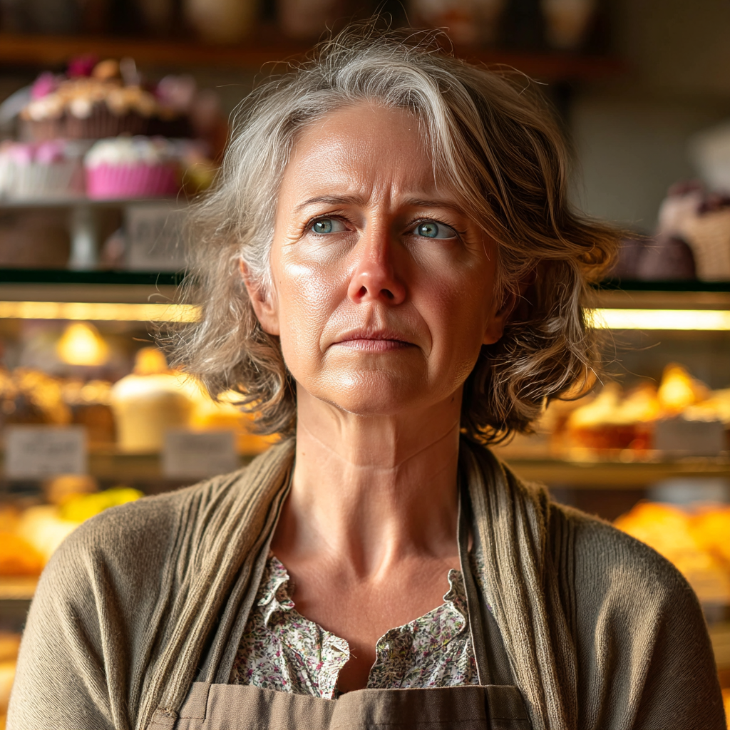 A sad middle-aged woman standing in a bakery | Source: Midjourney