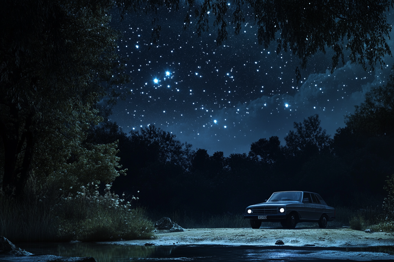 A car parked near the woods at night | Source: Midjourney