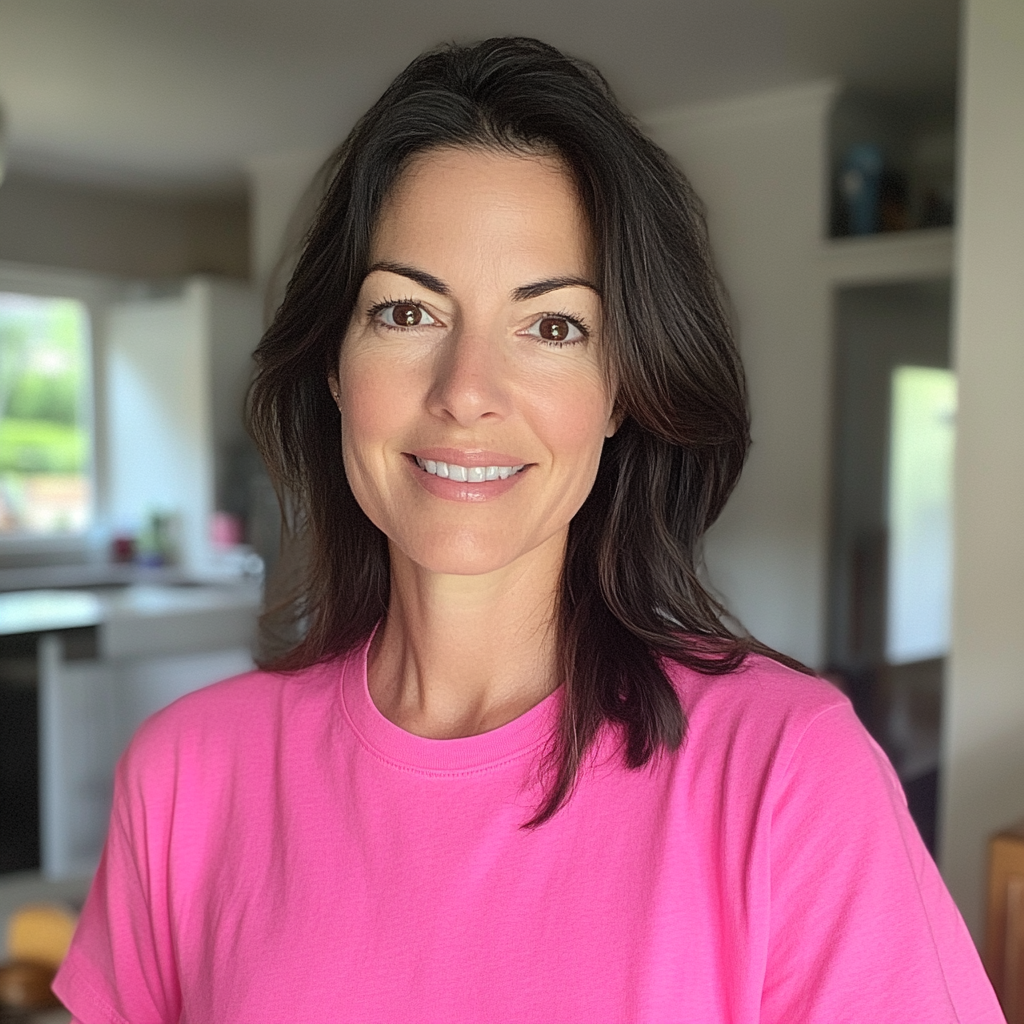 Uma mulher sorridente vestindo uma camiseta rosa | Fonte: Midjourney
