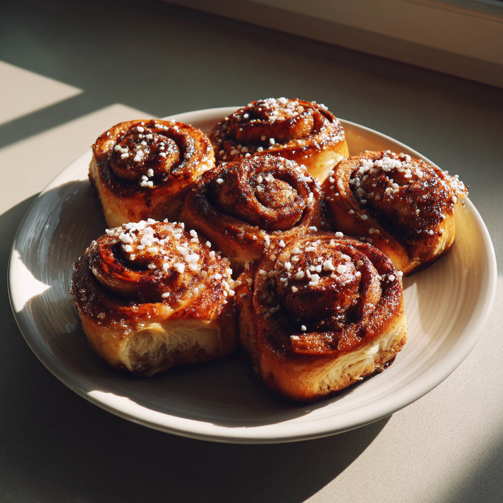 Fresh cinnamon buns on a plate | Source: Midjourney