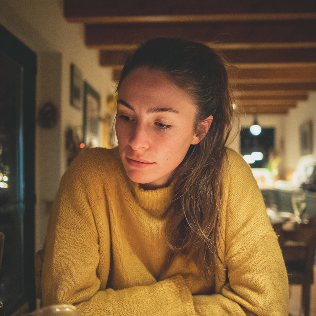 An upset woman wearing a mustard sweater | Source: Midjourney