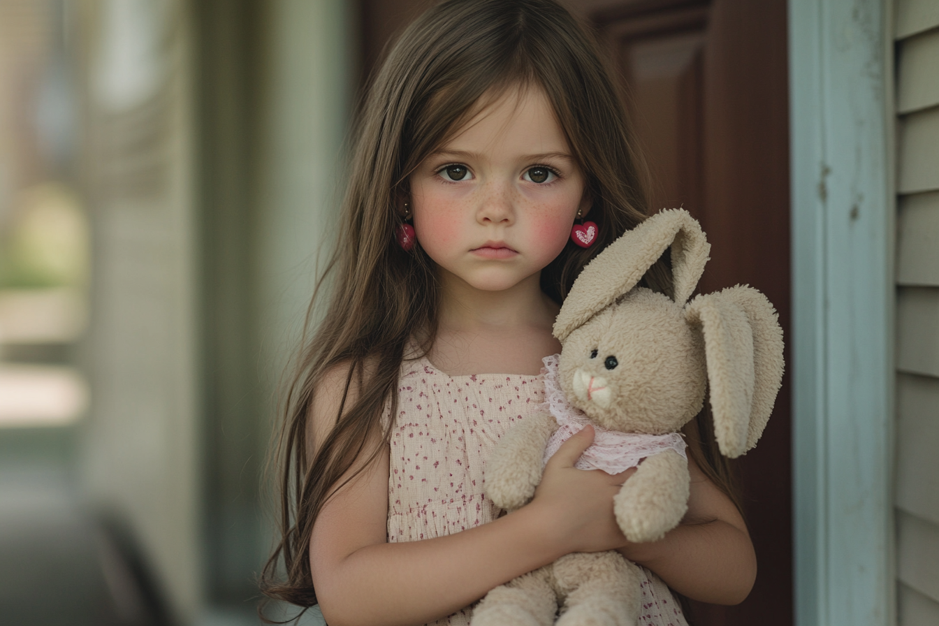 A sad 5-year-old girl hugging a stuffed bunny on the front porch | Source: Midjourney