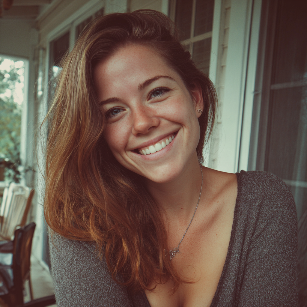 A smiling woman sitting on a porch | Source: Midjourney