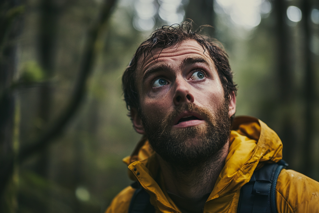 A man staring apprehensively in a forest | Source: Midjourney