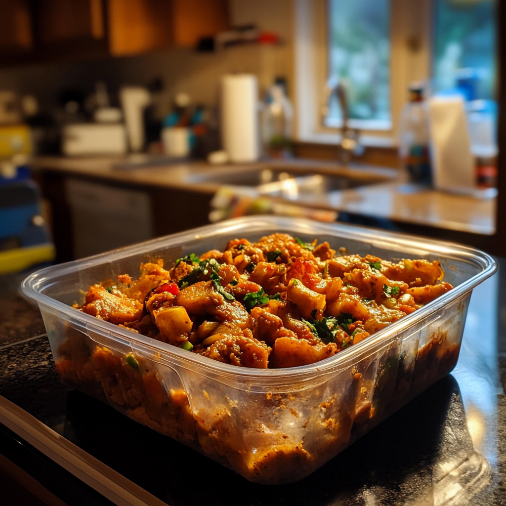 A container of food on a counter | Source: Midjourney