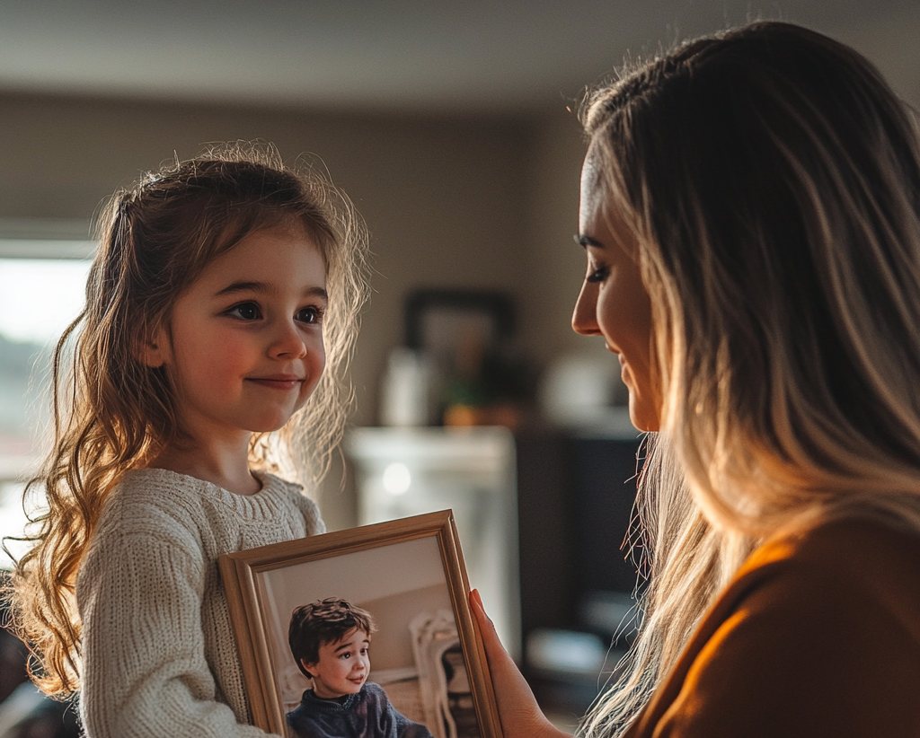 Little girl holding a framed photo of her brother | Source: Midjourney