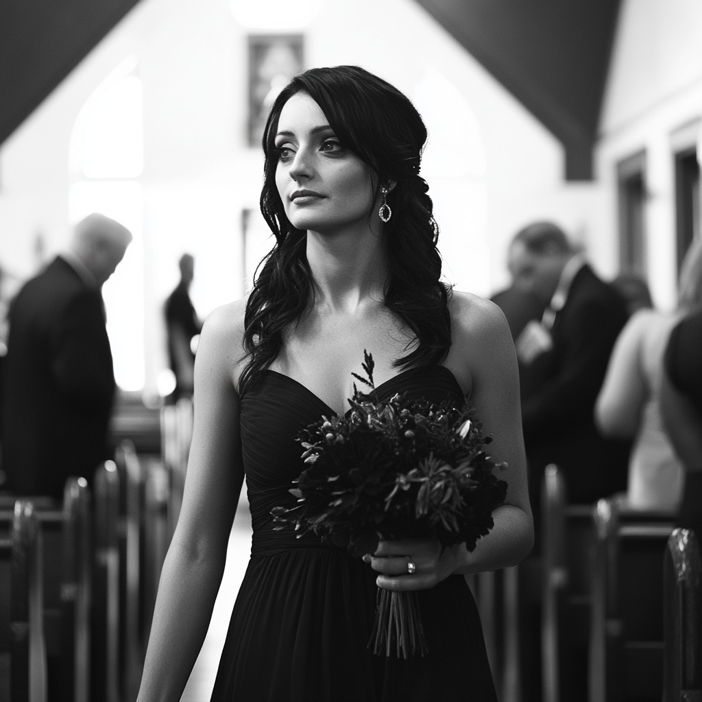 A woman walking down the aisle in a black dress | Source: Midjourney