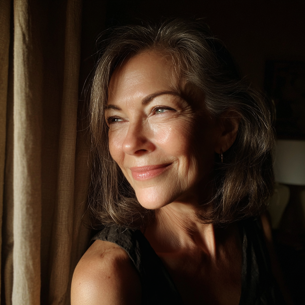 A smiling older woman looking out of a window | Source: Midjourney