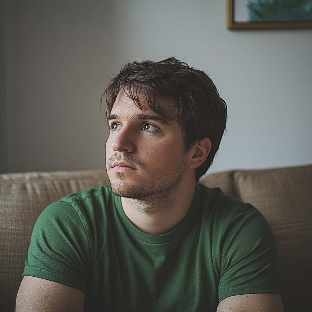 A young man sitting on a couch | Source: Midjourney
