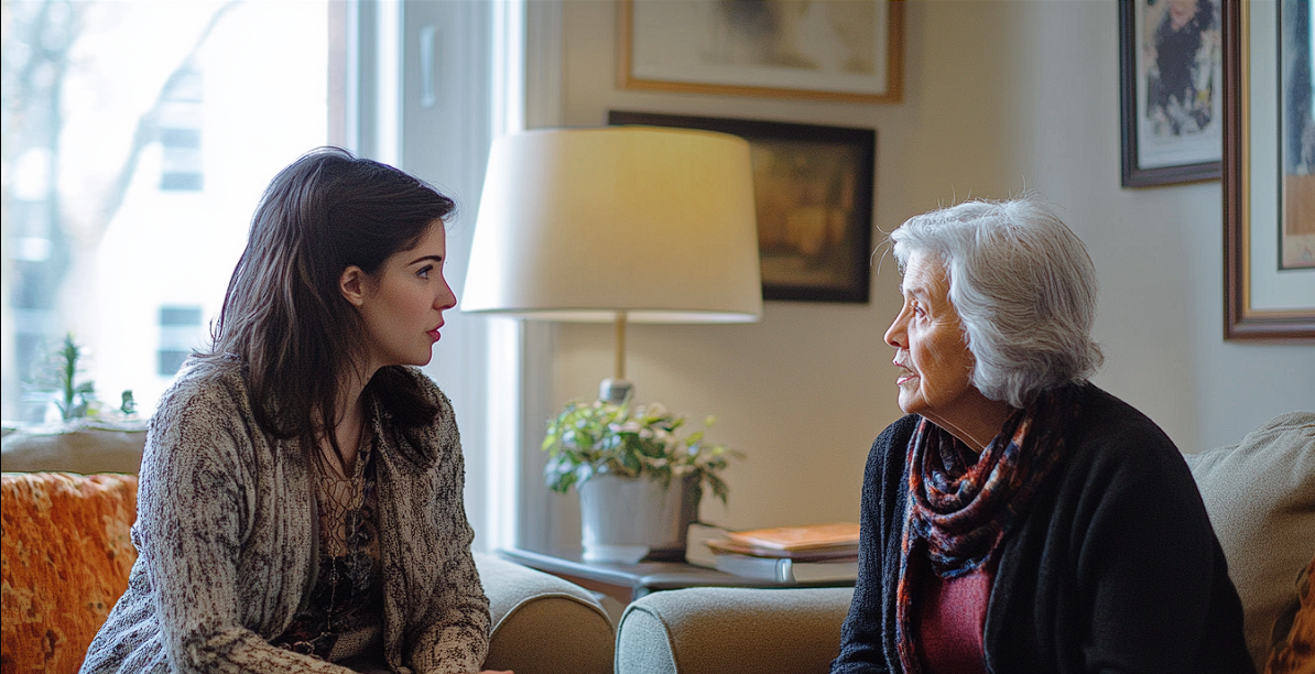 Two women speaking in a living room | Source: Midjourney