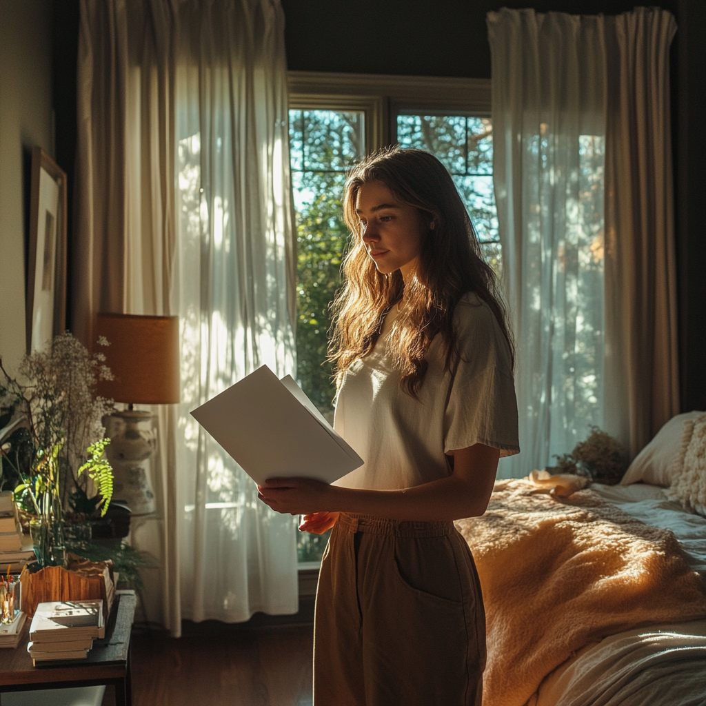 Woman holding a white envelope | Source: Midjourney