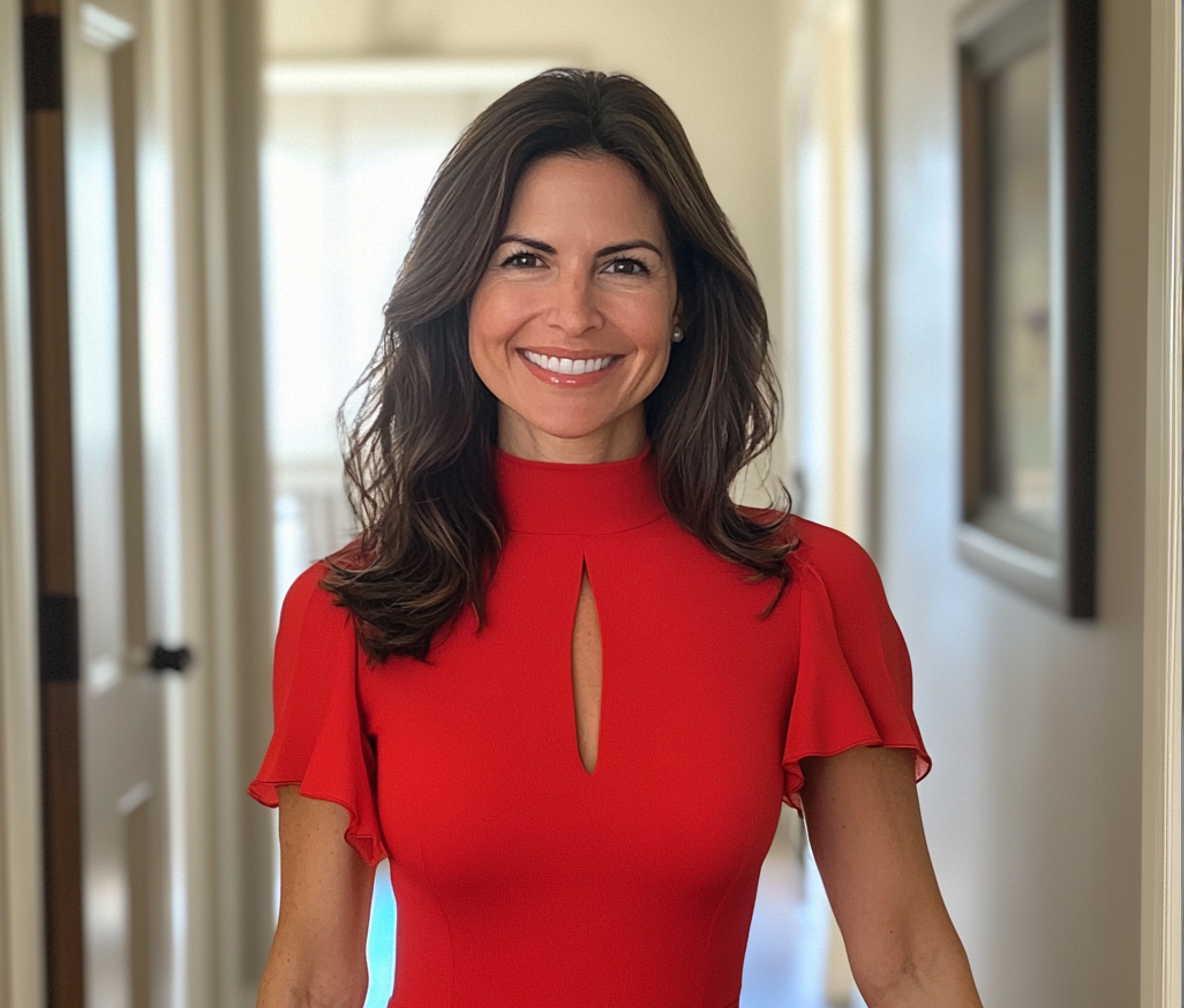 A woman wearing a red dress and standing in a home hallway | Source: Midjourney