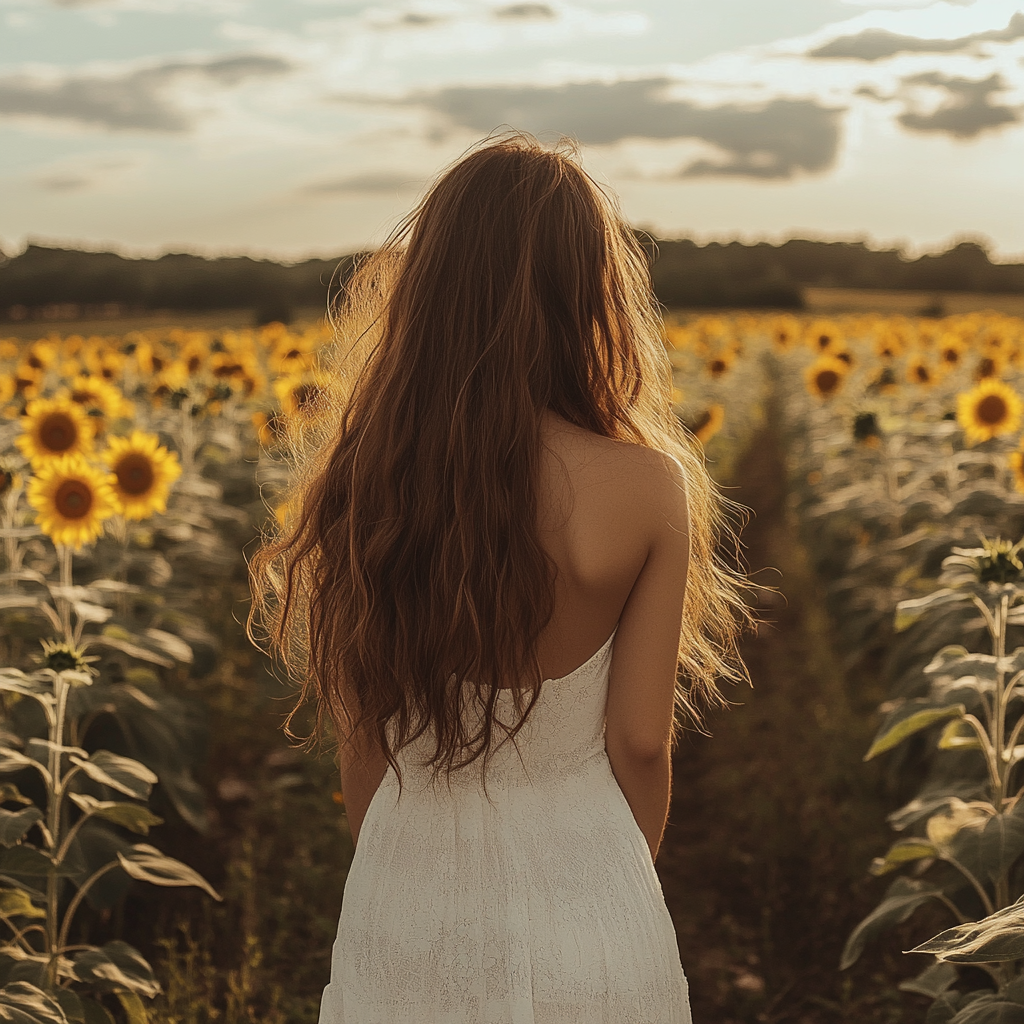 A woman standing in a sunflower field | Source: Midjourney