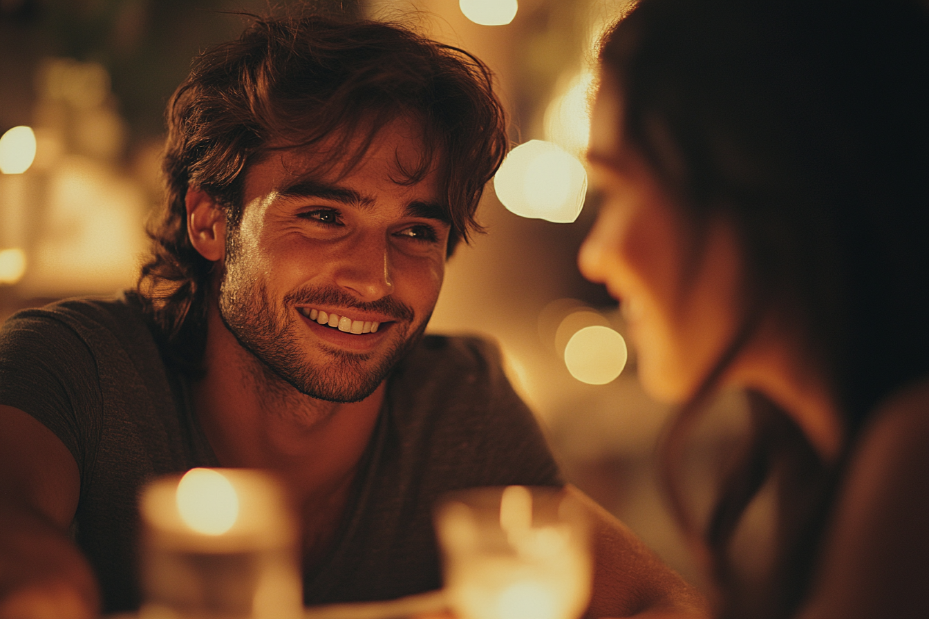 A man laughing while chatting with his wife | Source: Midjourney