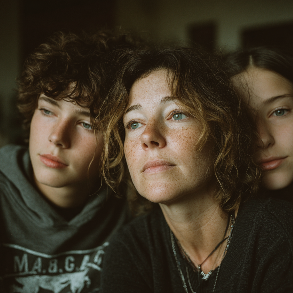 Two teenagers comforting their mother | Source: Midjourney
