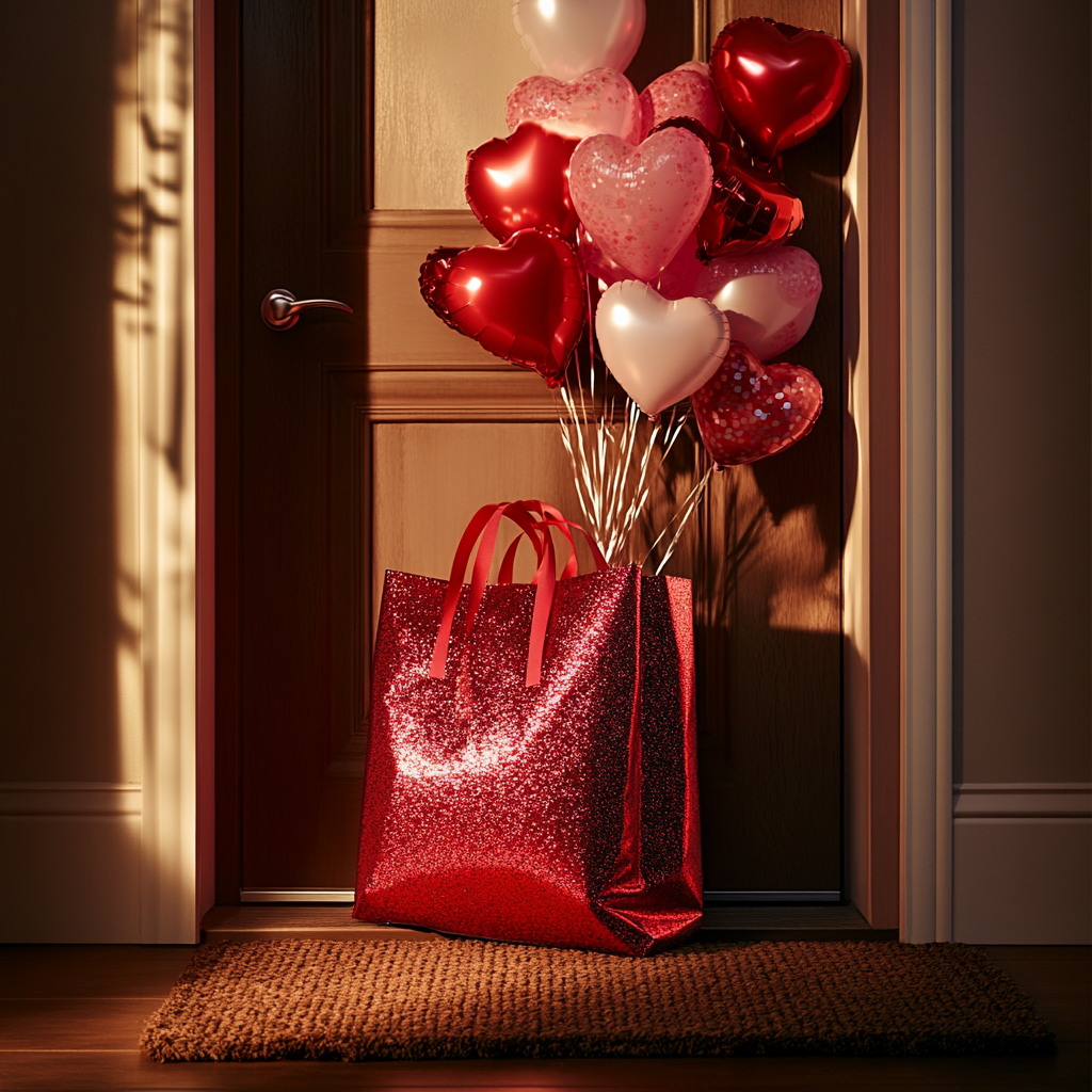 Heart-shaped balloons and a red gift bag on a doorstep | Source: Midjourney