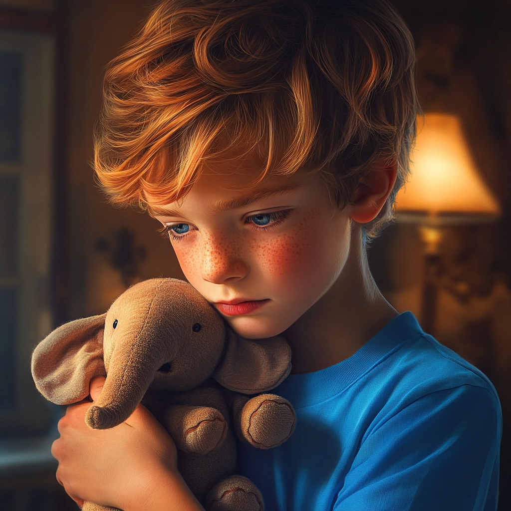 A boy clutching an elephant plushie | Source: Midjourney