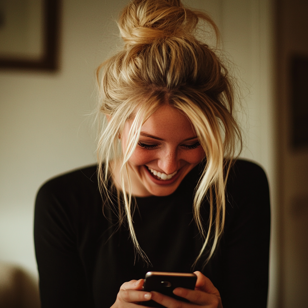 A woman typing and laughing | Source: Midjourney