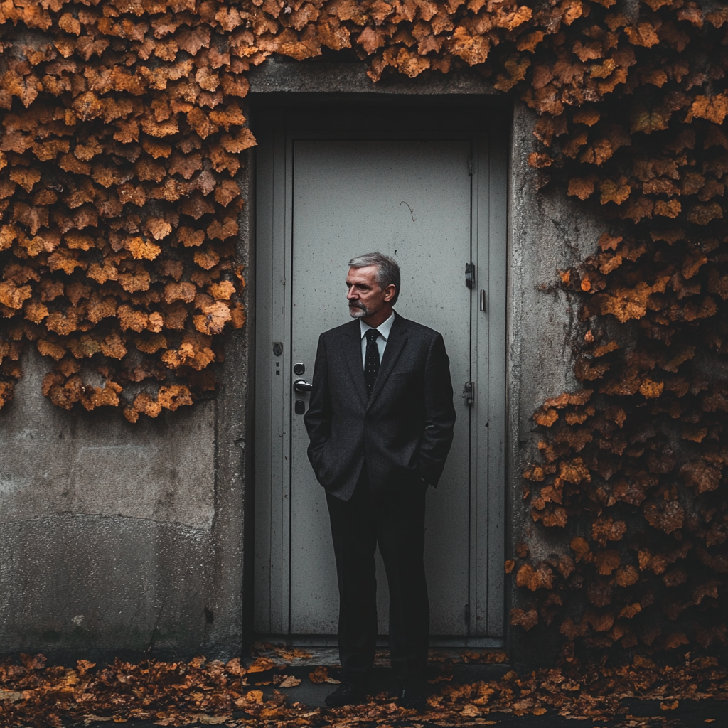 A sad man in front of a closed door | Source: Midjourney