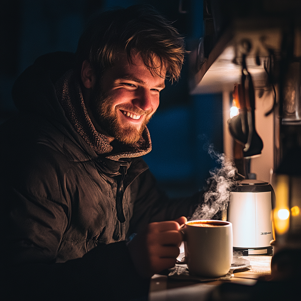 A man smiles while holding a mug of hot cocoa in the kitchen at night | Source: Midjourney