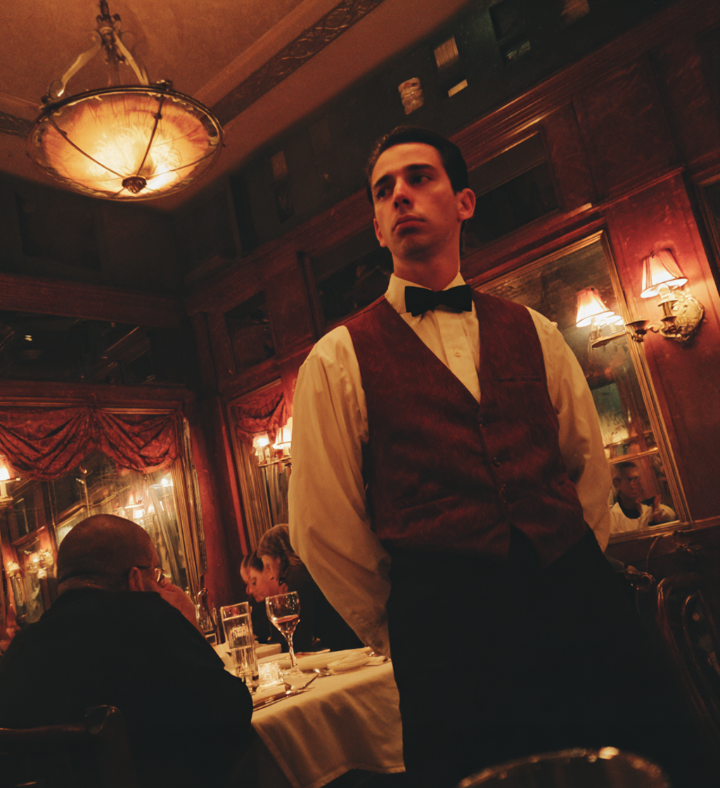A waiter standing in a dim restaurant | Source: Midjourney