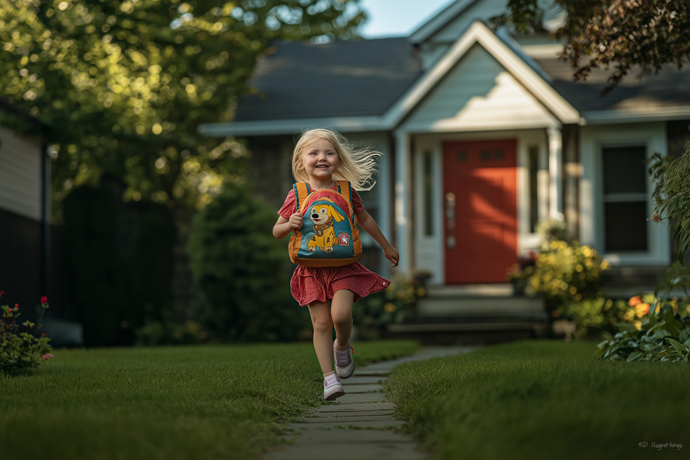 Little blonde girl running through the front yard holding a Paw Patrol backpack | Source: Midjourney