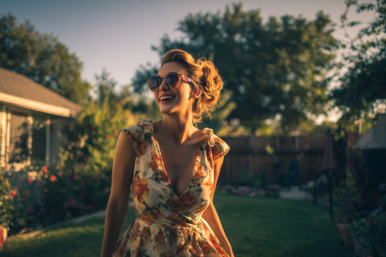 A woman laughing in a backyard | Source: Midjourney