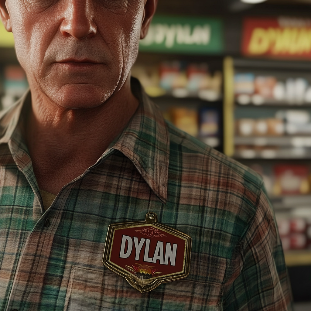 A man with a name badge pinned to his shirt | Source: Midjourney