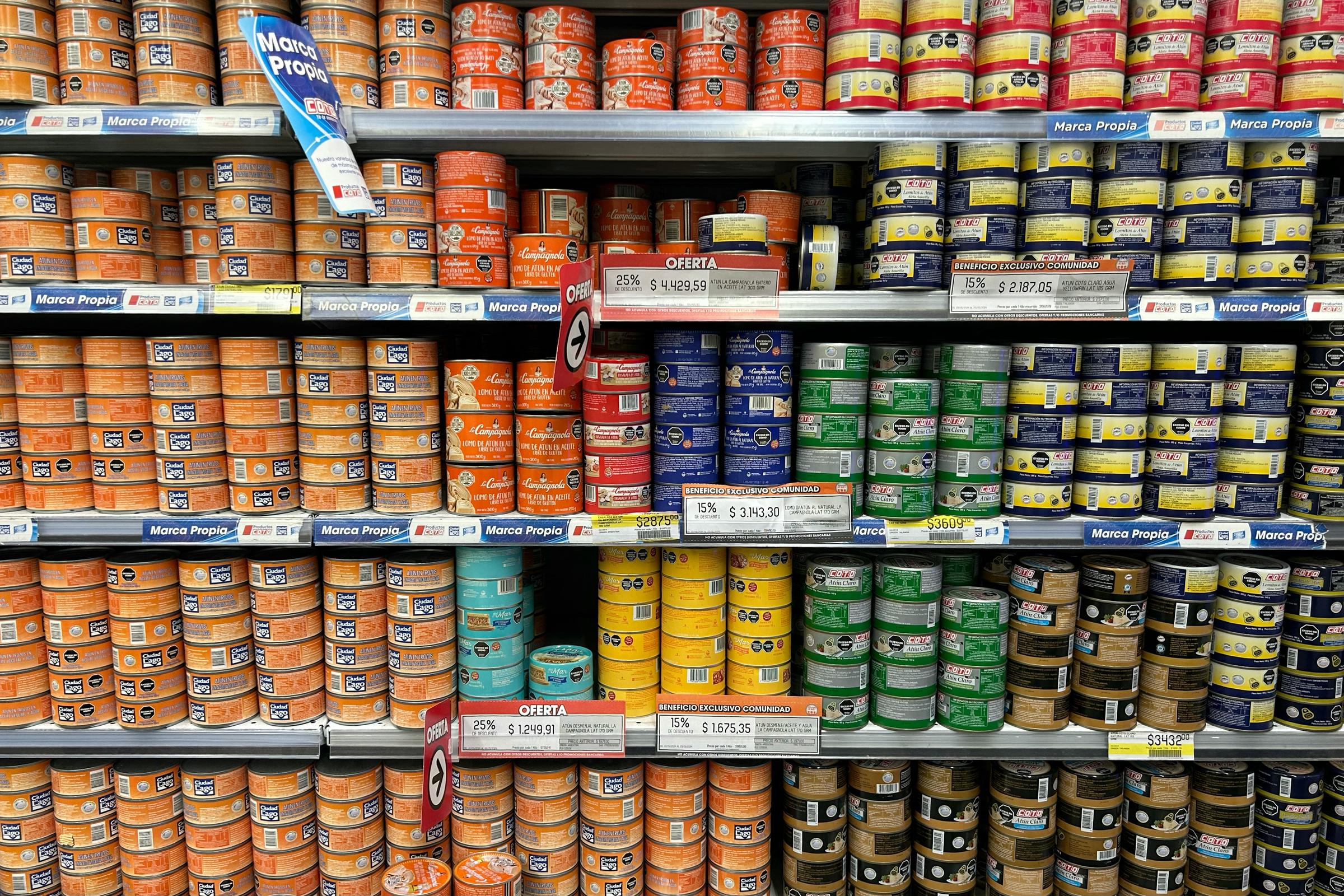 Tuna cans on sale are seen at a supermarket in Buenos Aires, on May 23, 2024 | Source: Getty Images