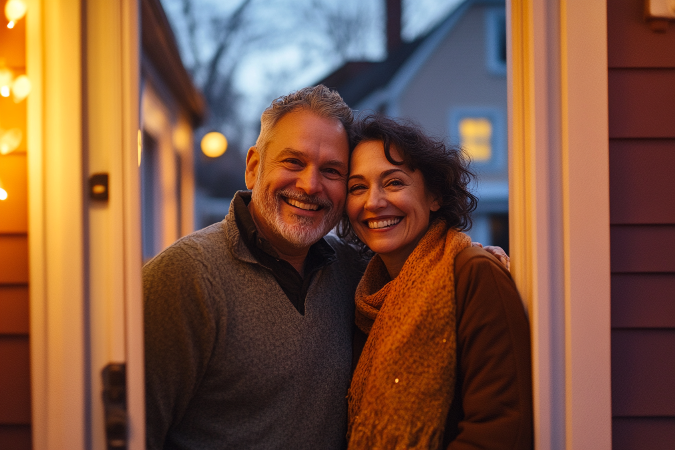 A couple on the doorway smiling | Source: Midjourney