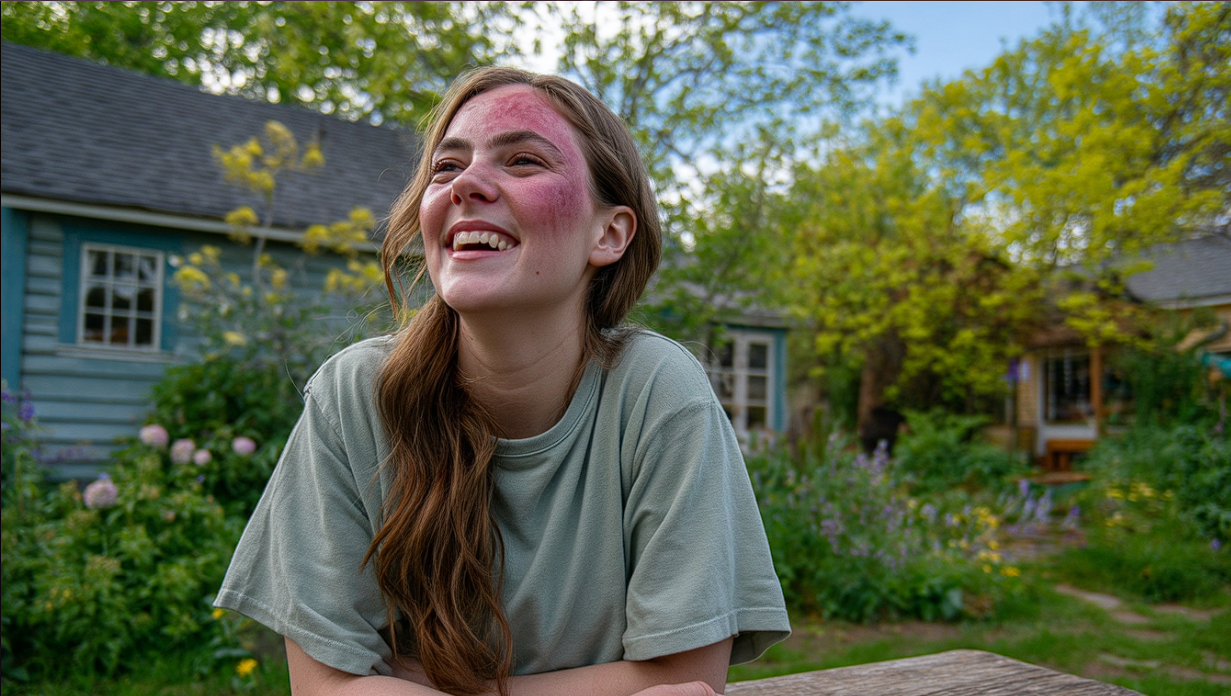 A teen girl seated at a picnic table laughing | Source: Midjourney
