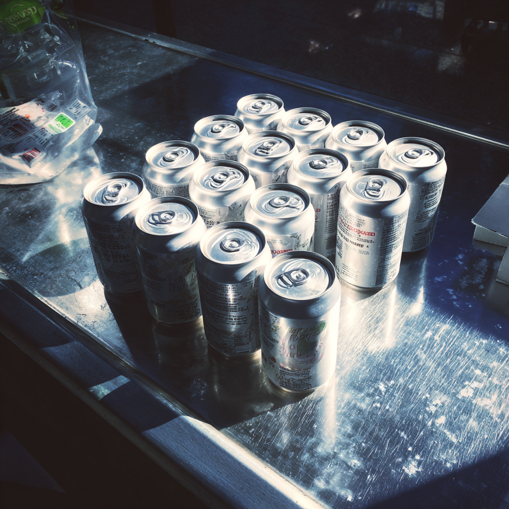 Sparkling water cans on a checkout conveyor belt in a grocery store | Source: Midjourney