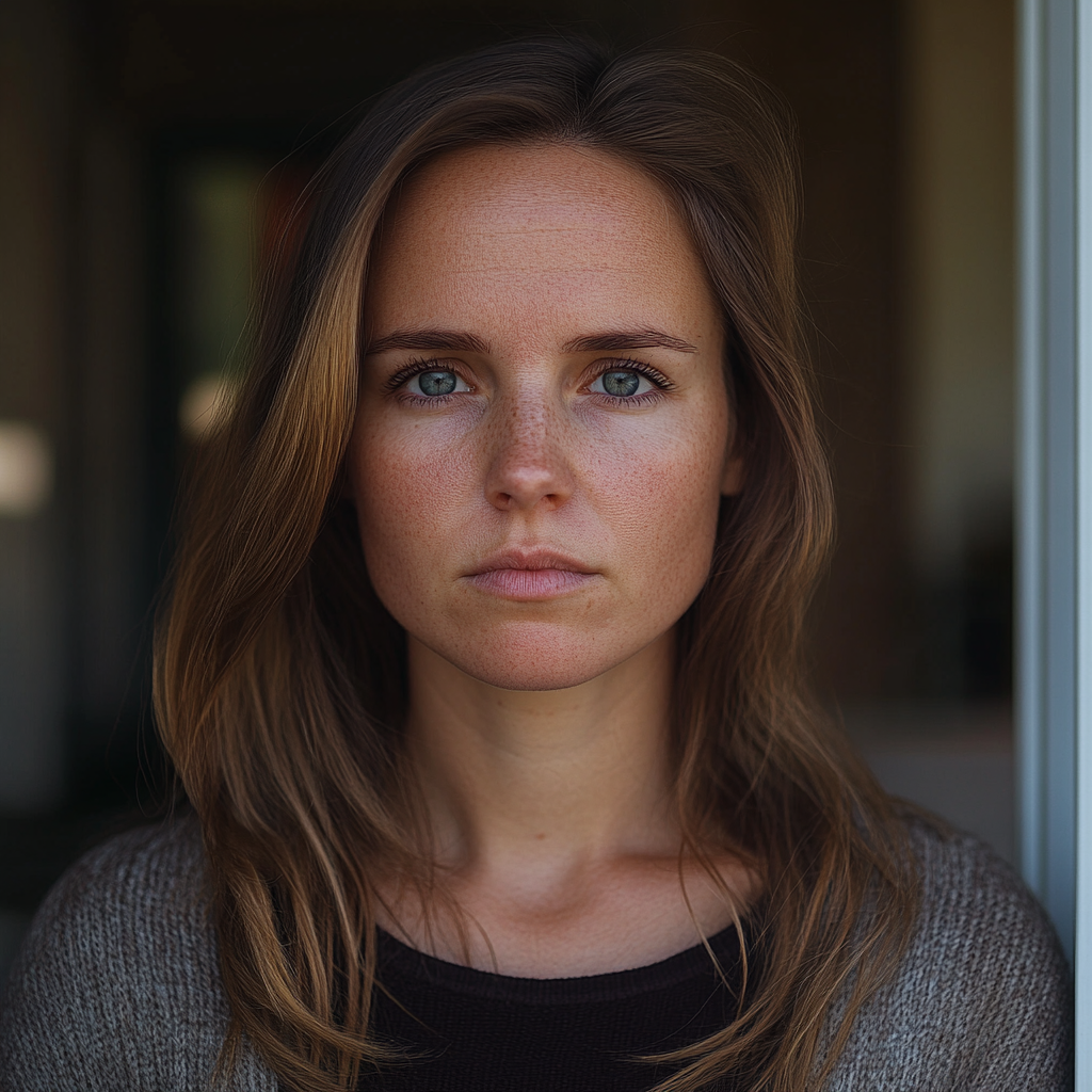 A serious woman standing on a porch | Source: Midjourney