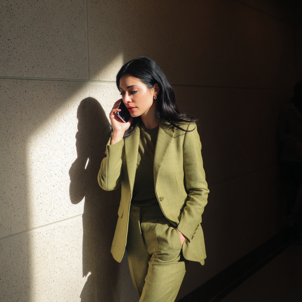 A woman wearing a green pantsuit | Source: Midjourney