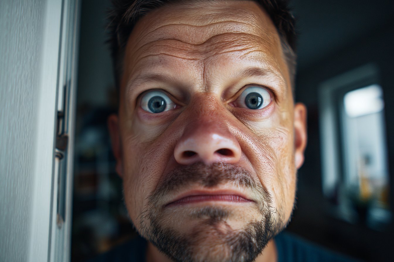 A man looking straight ahead with wide eyes | Source: Midjourney