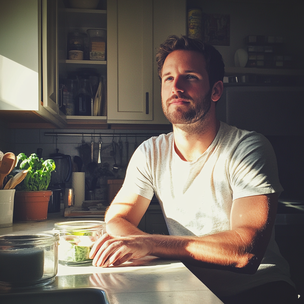 Un homme assis au comptoir d'une cuisine | Source : Midjourney