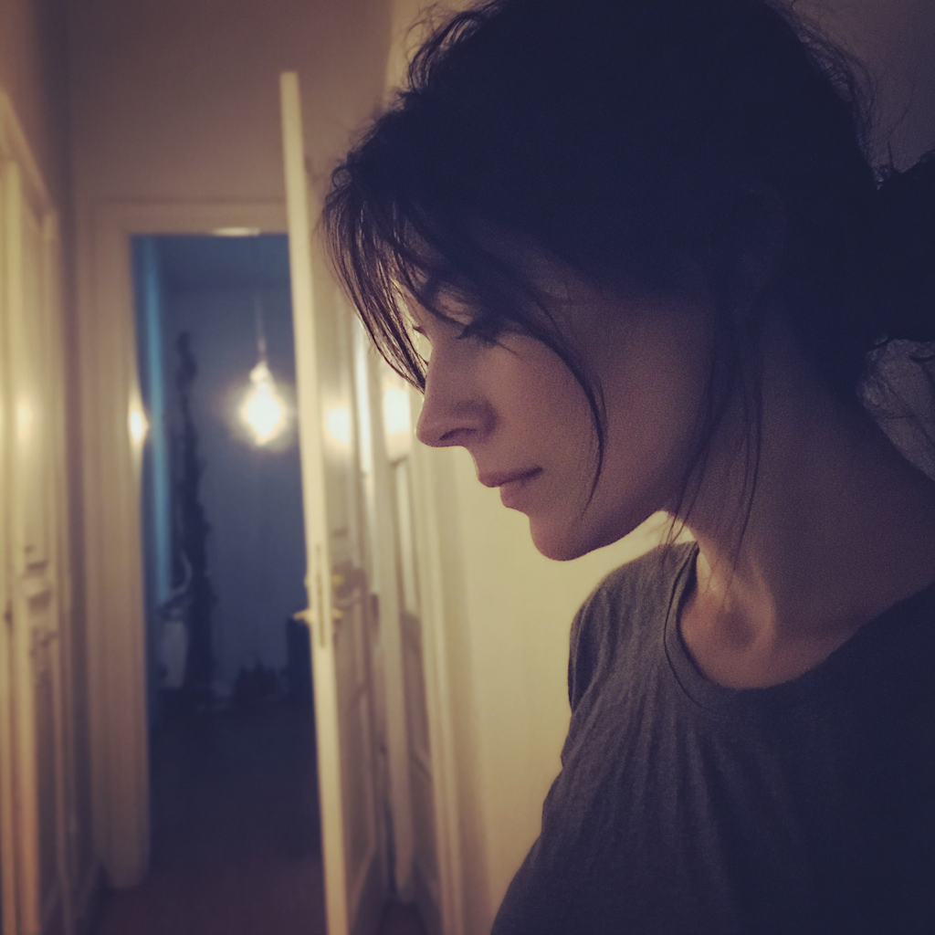 A pensive woman standing in a home hallway | Source: Midjourney