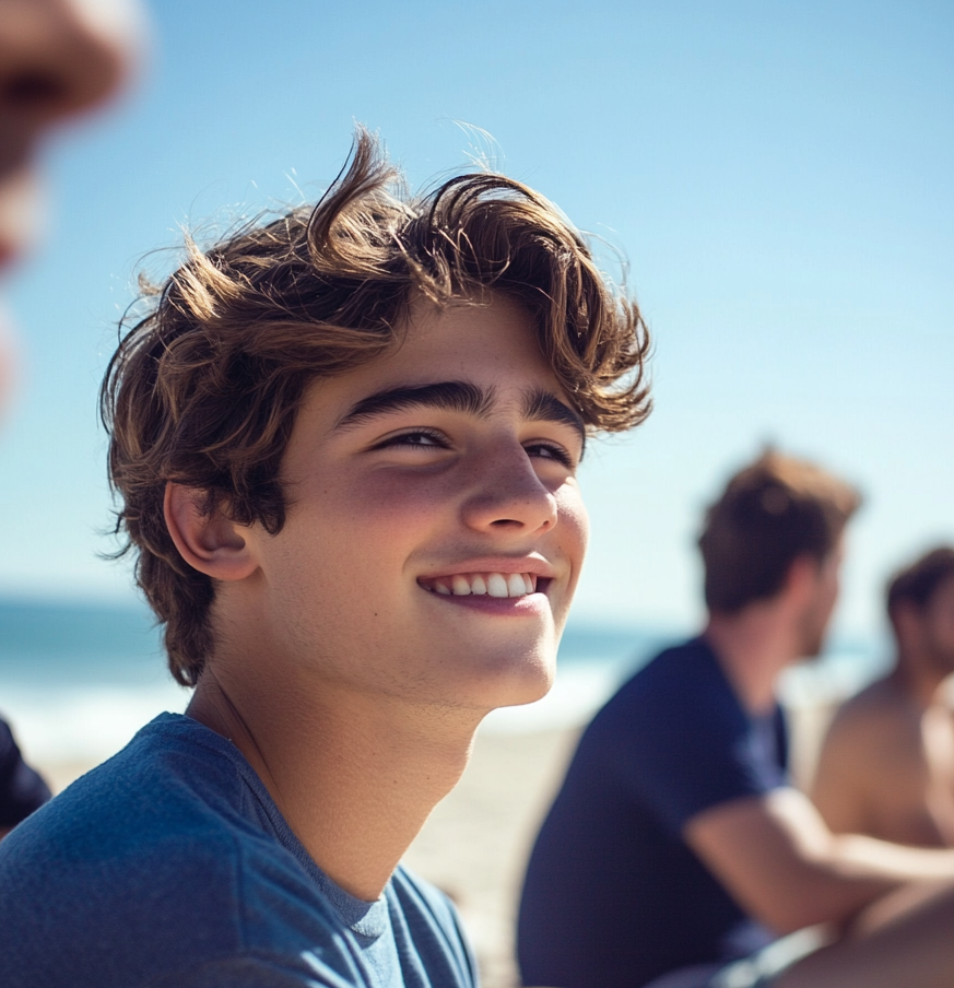 A boy sitting on a beach with his friends | Source: Midjourney