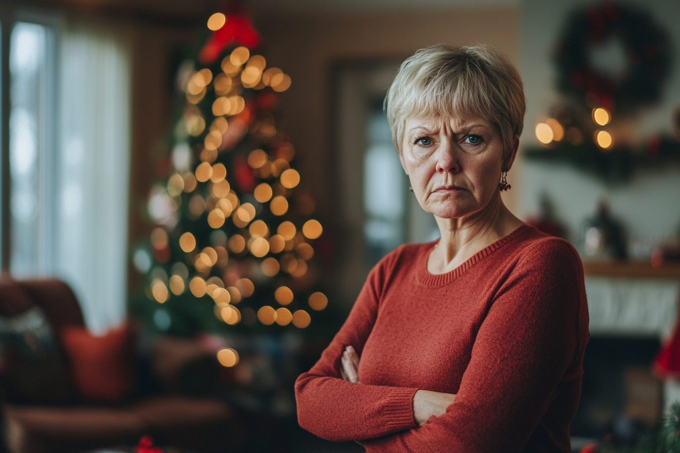 Angry woman in her 60s in a living room with a Christmas tree | Source: Midjourney