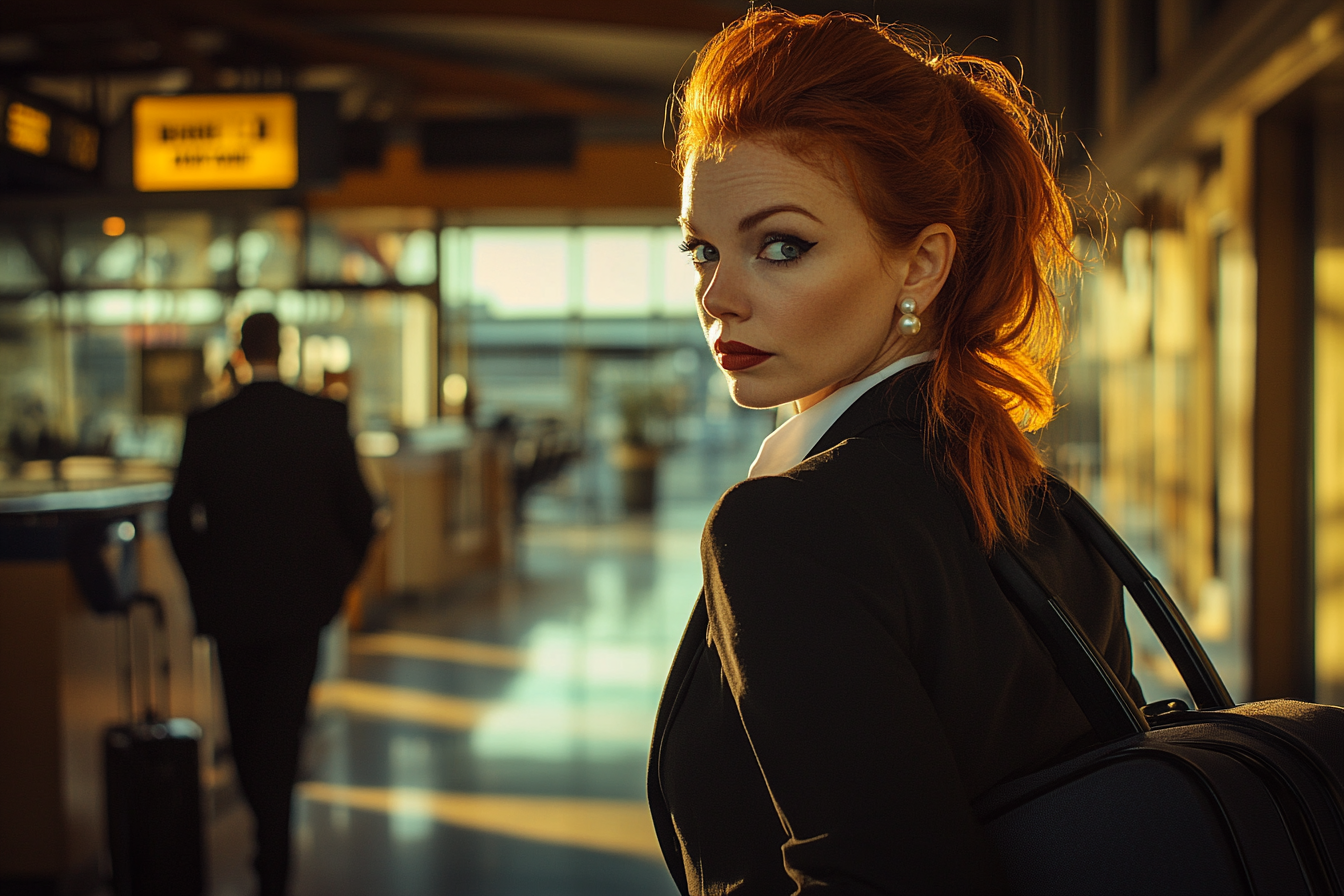 Woman in her 40s looking busy walking through an airport going on a business trip | Source: Midjourney