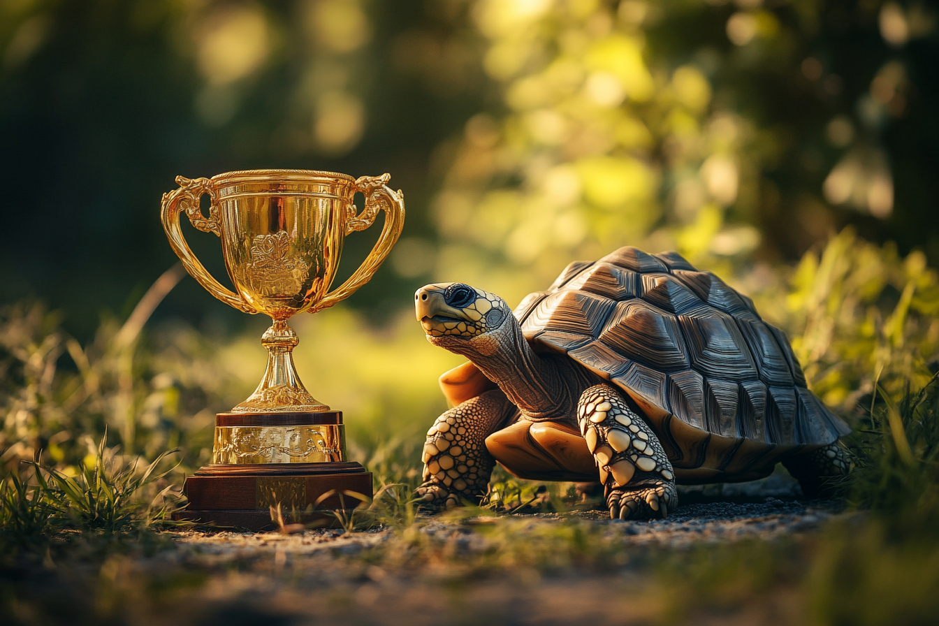 A tortoise standing beside a winner's trophy | Source: Midjourney