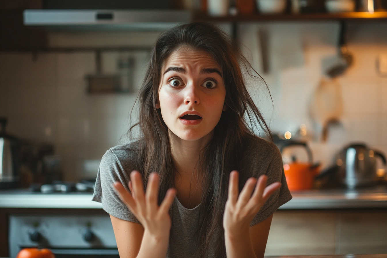 A shocked woman in a kitchen | Source: Midjourney