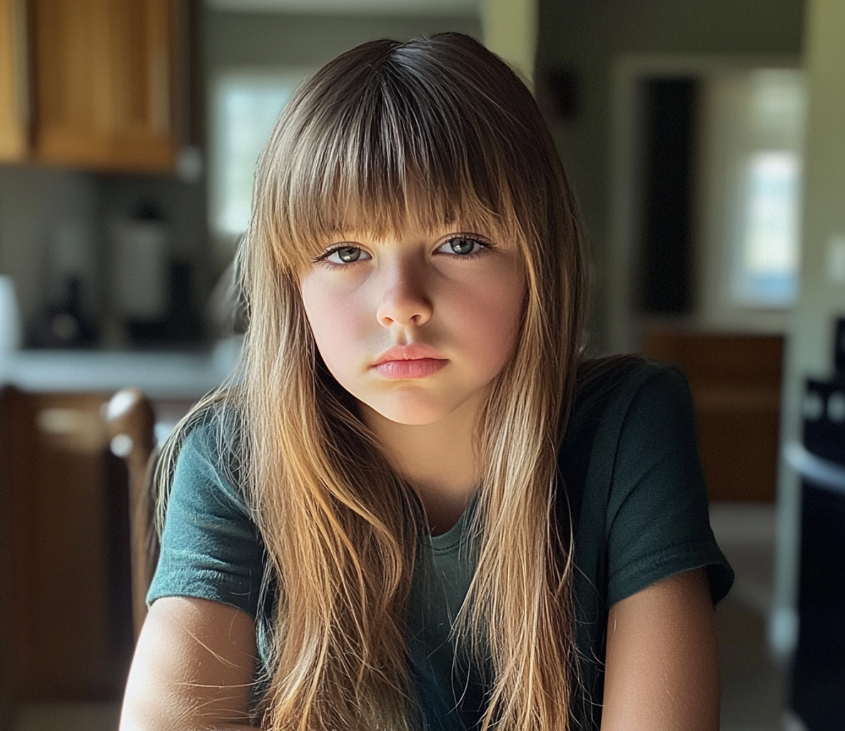 A little girl sitting at a kitchen table | Source: Midjourney