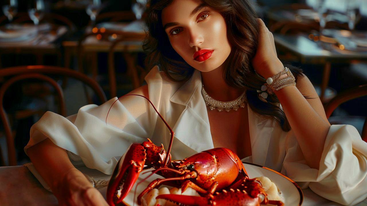 Woman in elegant dress with a glass of vine and a lobster on the plate | Source: Midjourney